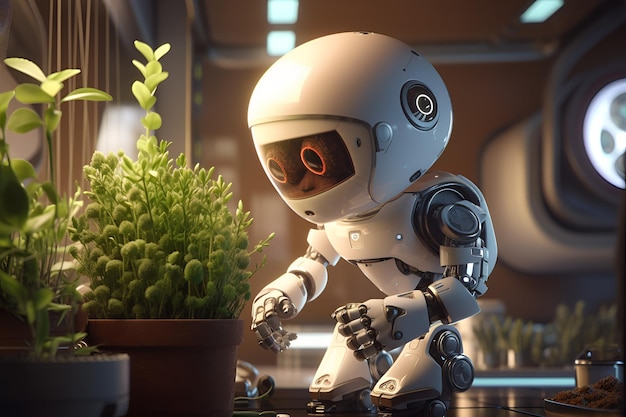 Photo a robot with a red letter o on its face looks at a plant.