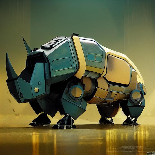 A robot with a rhino on it's face.