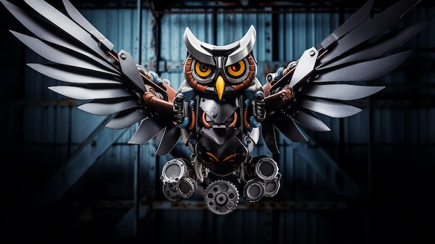 A robot with a robot wings and a large owl on it