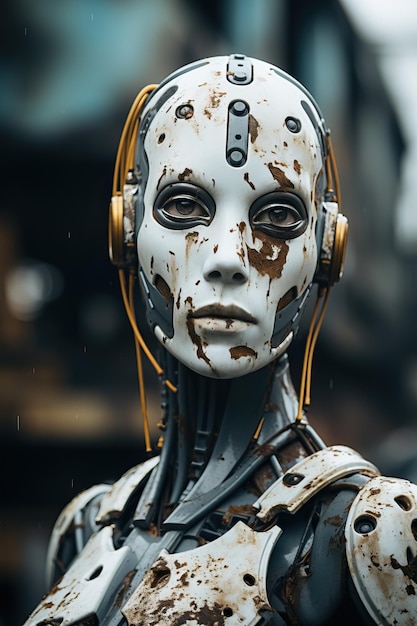 a robot with rust on face