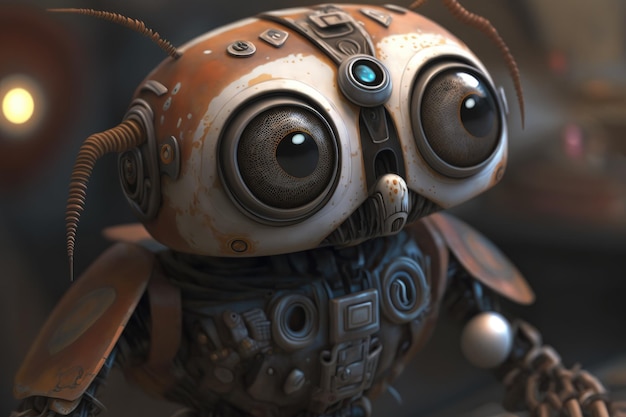 A robot with rusty eyes and a big eye.