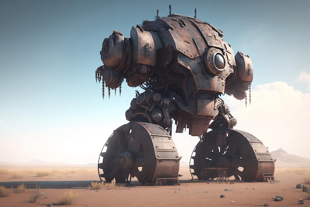 さびた表情のロボットが砂漠に立っています。