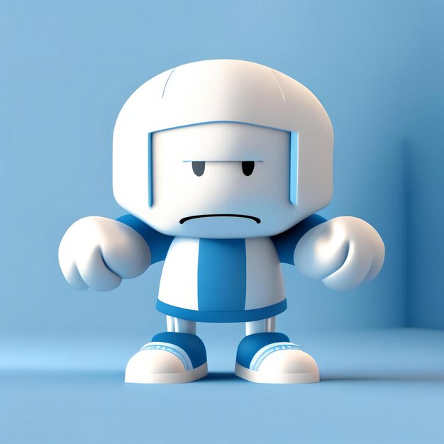 a robot with a sad face sits on a blue surface.