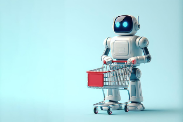 A robot with a shopping cart Space for text