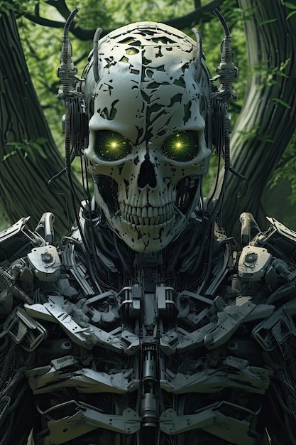 A robot with a skull and green eyes