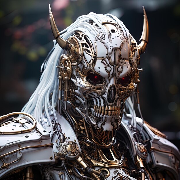 Photo a robot with a skull and horns and a silver mask