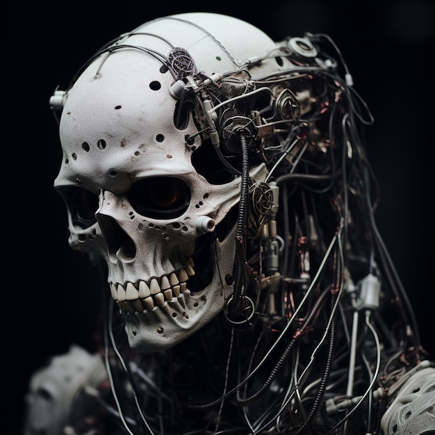 A robot with a skull and many wires on it