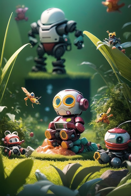 a robot with a small fish in his hand is surrounded by tiny robots.