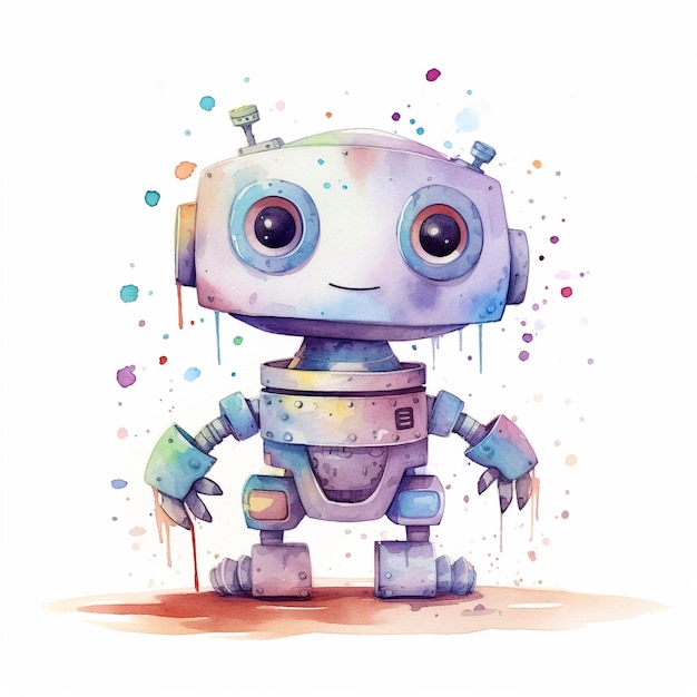 A robot with a smile on his face is painted in watercolor.