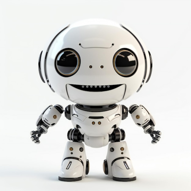 A robot with a smile on its face is standing on a white background