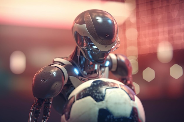 Робот с футбольным мячом в руках.