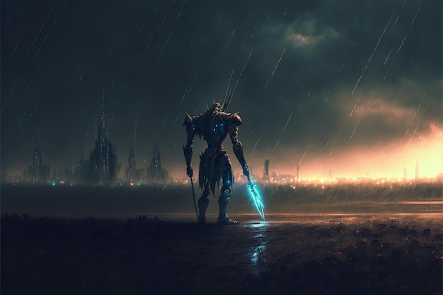 Robot with sword Robot with glowing sword standing alone in the apocalyptic city Digital art style illustration painting