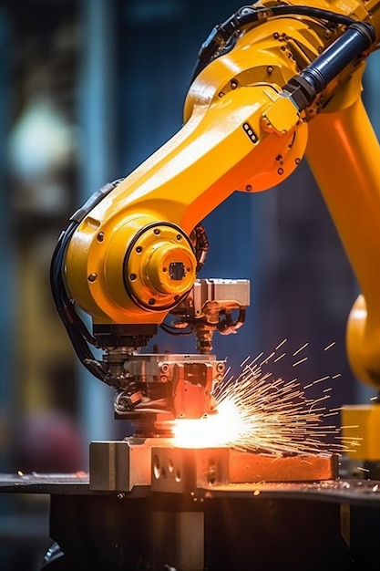 A robot with a torch on the arm is welding a piece of metal.