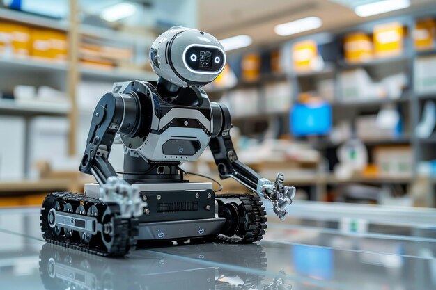 Robot with tracks and robotic arm in a lab setting