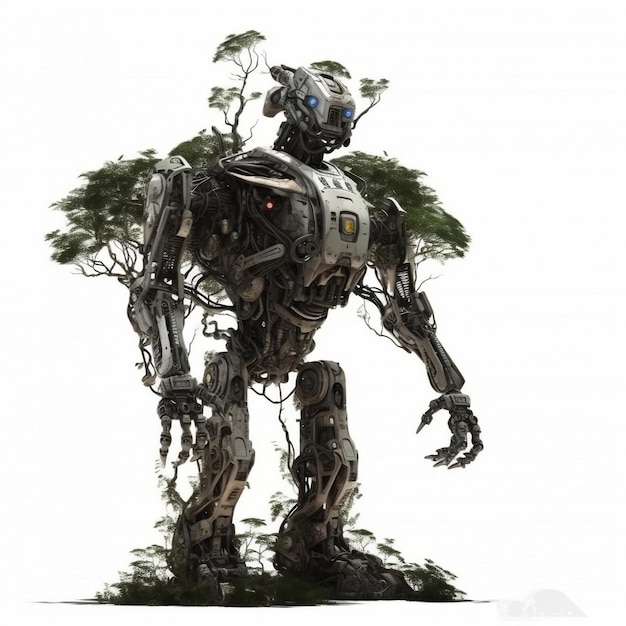 A robot with a tree on isolated in white background