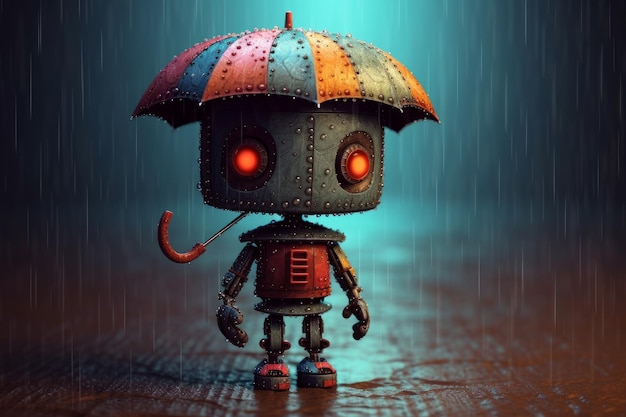 A robot with an umbrella in the rain