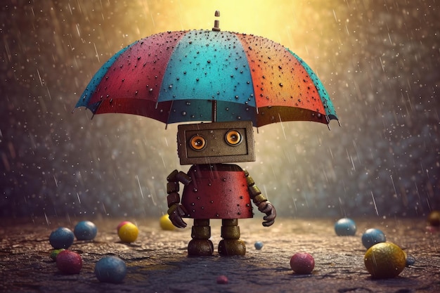 A robot with an umbrella stands in the rain.