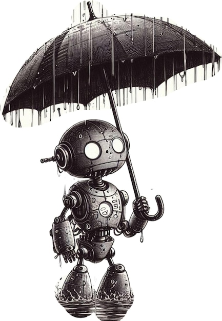 その上にロボットと書かれた傘を持つロボット