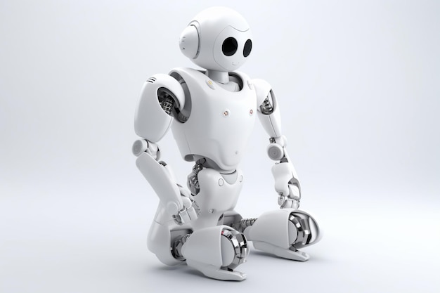 A robot with a white background and black eyes sits on the ground.
