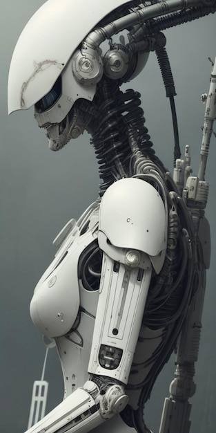 A robot with a white face and a black helmet.