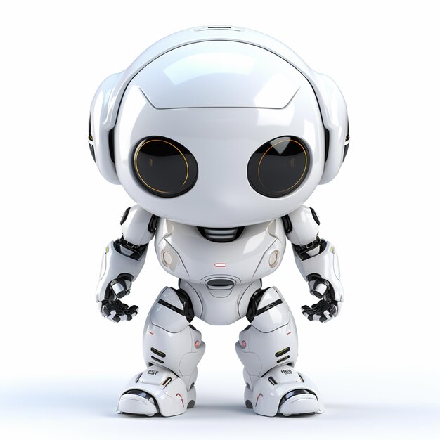 Photo a robot with a white face and black and orange eyes stands on a white background