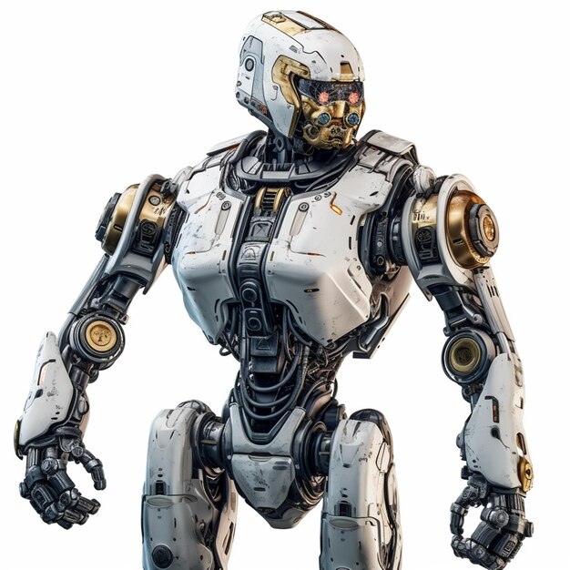 A robot with a white face and gold arms.