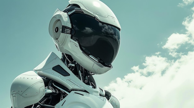 A robot with a white helmet and silver body