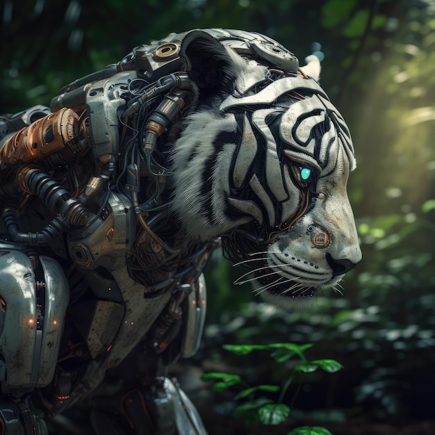 A robot with a white tiger on it