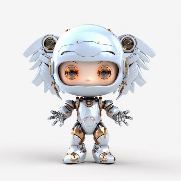 A robot with wings and a helmet that says'angel '