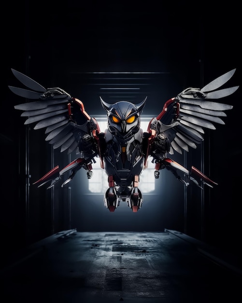 A robot with wings and wings that say'owl'on it