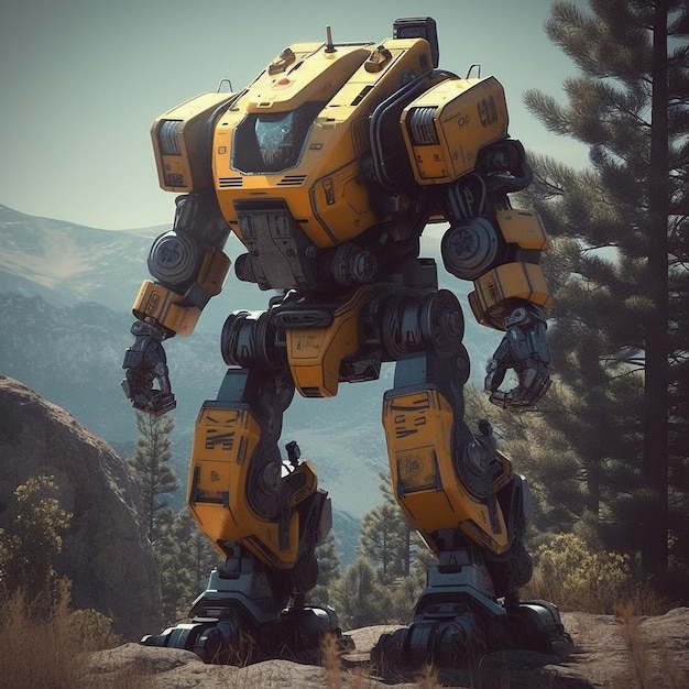 A robot with a yellow and black paint that says'robot'on it