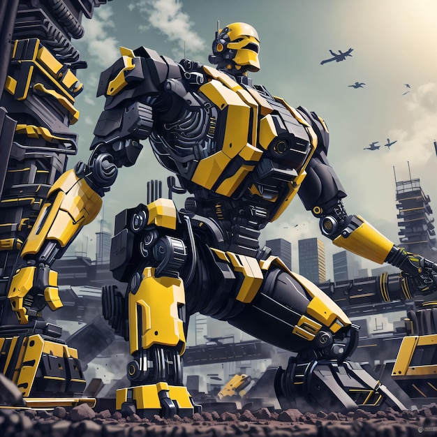 A robot with a yellow and black suit is in front of a cityscape.