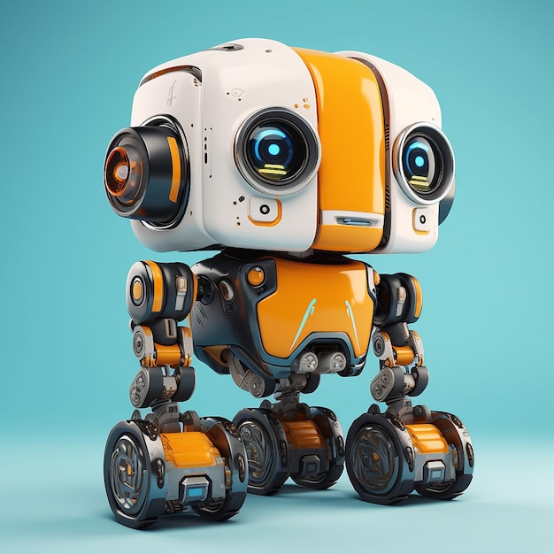 A robot with a yellow body and white body is sitting on a blue background.