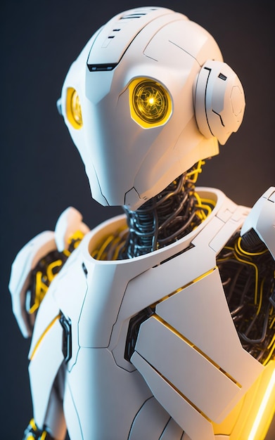 Робот с желтыми глазами и белым лицом.