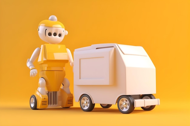 A robot with a yellow hat stands next to a white truck.