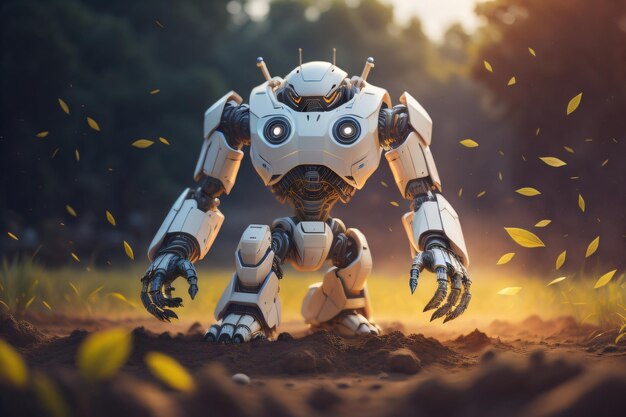 A robot with a yellow leaf on it is standing in the dirt.