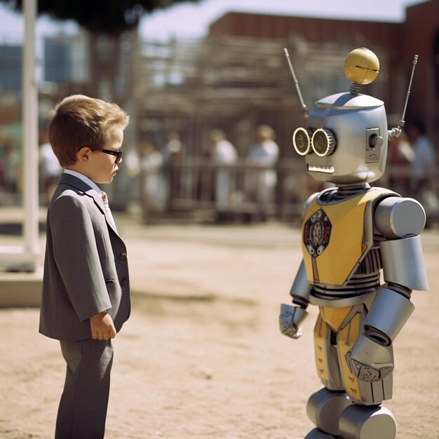 Photo a robot with a yellow shirt and a man in a suit and the word robot on the front.