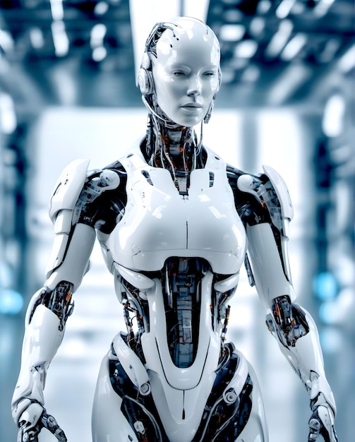 Robot woman android walking in high tech laboratory