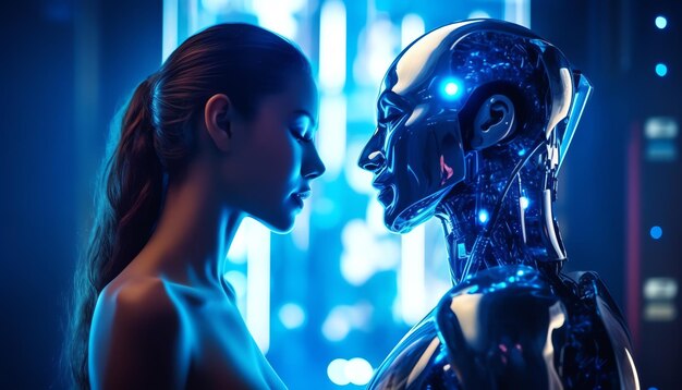 A robot and a woman are kissing.