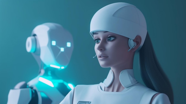 A robot and a woman are looking at the camera.