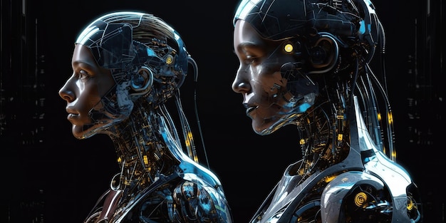 A robot and a woman are looking at each other.