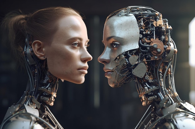 A robot and a woman are looking at each other