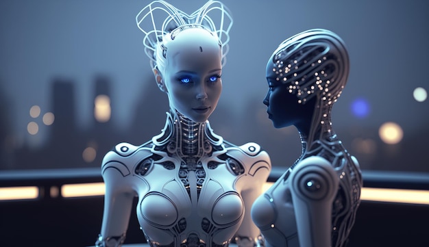 A robot and a woman are looking at each other.