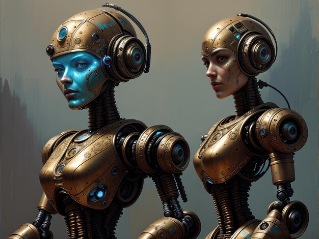 A robot and a woman are standing next to each other