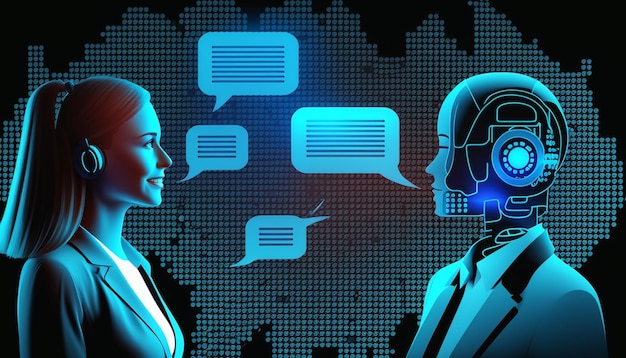 A robot and a woman are talking in front of a screen that says'robot '