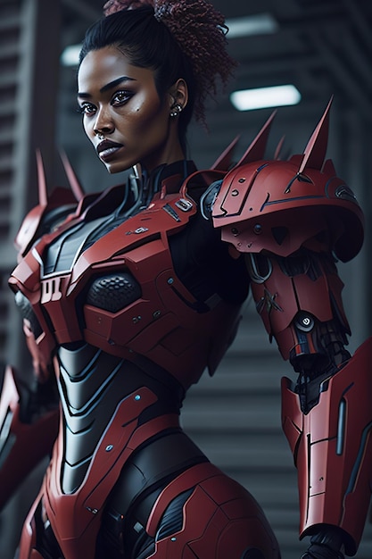 技術的装甲を備えたロボット女性の体 生成人工知能