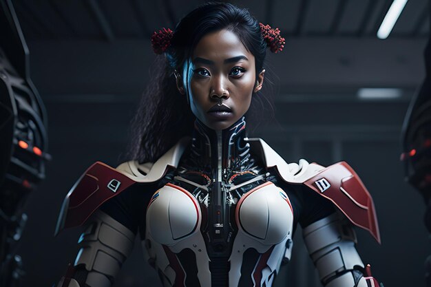 技術的装甲を備えたロボット女性の体 生成人工知能