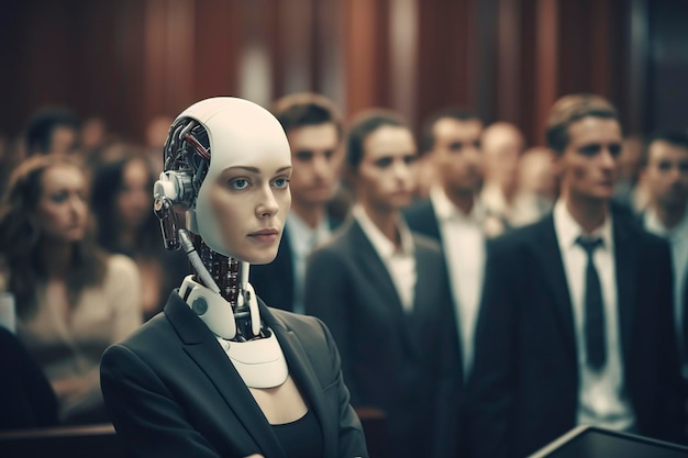 robot woman in court among people