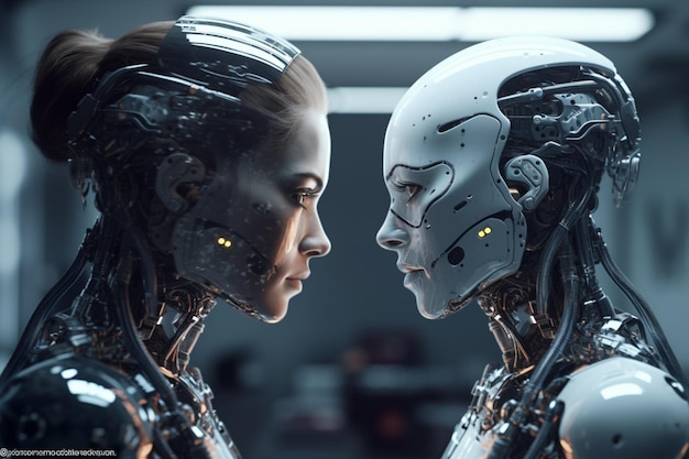 A robot and a woman face are facing each other.