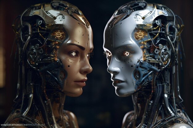 A robot and a woman face are facing each other.